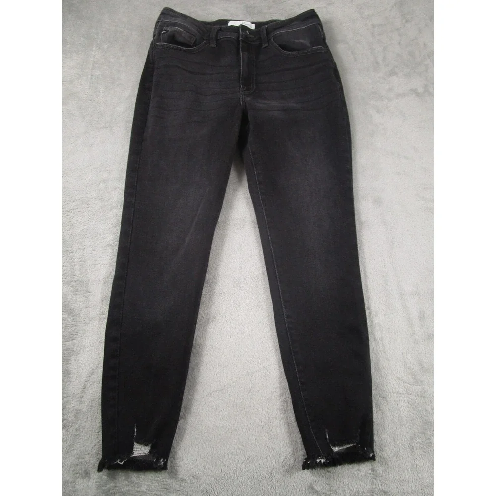 Kancan Jeans Womens 30 Black Denim Ankle Skinny Ripped Fringe Hem